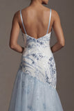 Robe de la mère de la mariée à volants en sirène bleu clair à sequins