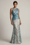 Robe de la mère de la mariée à ritelles en sirènes bleu lac