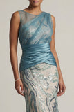Robe de la mère de la mariée à ritelles en sirènes bleu lac