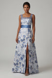 Robe de mère de mariée à col carré à col carré A Line, bleu poussiéreux à fleurs