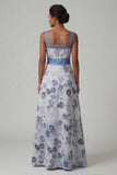 Robe de mère de mariée à col carré à col carré A Line, bleu poussiéreux à fleurs