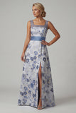 Robe de mère de mariée à col carré à col carré A Line, bleu poussiéreux à fleurs