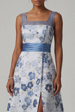 Robe de mère de mariée à col carré à col carré A Line, bleu poussiéreux à fleurs