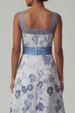 Robe de mère de mariée à col carré à col carré A Line, bleu poussiéreux à fleurs