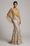 Robe de la mère de la mariée à col en V au champagne scintillante sirène champagne