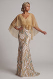Robe de la mère de la mariée à col en V au champagne scintillante sirène champagne