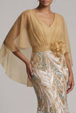 Robe de la mère de la mariée à col en V au champagne scintillante sirène champagne