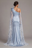 Robe de la mère de la mariée en satin bleu ciel avec un nœud