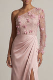 Fourreau de rose poussiéreux en satin Robe de la mère de la mariée froncée à une épaule avec fente