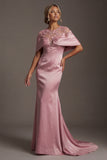 Robe de la mère de la mariée en satin rose sirène à col rond
