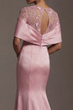 Robe de la mère de la mariée en satin rose sirène à col rond