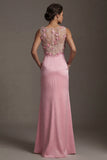 Robe de mère de la mariée rose rose satin à col rond à col rond, longue robe fleurie avec poche