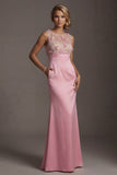 Robe de mère de la mariée rose rose satin à col rond à col rond, longue robe fleurie avec poche