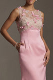 Robe de mère de la mariée rose rose satin à col rond à col rond, longue robe fleurie avec poche