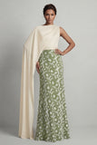 Robe verte à col rond à fourreau fleur longue de mère de la mariée avec cape latérale