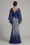 Robe sirène scintillante à col en V bleu marine avec manches de cape