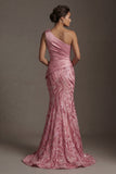 Robe sirène rose à une épaule scintillante de la mère de la mariée avec un nœud