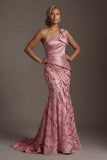 Robe sirène rose à une épaule scintillante de la mère de la mariée avec un nœud