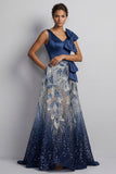 Robe Mother of the Bride Style A Marine à col en V scintillante bleu marine avec nœud
