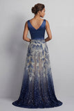 Robe Mother of the Bride Style A Marine à col en V scintillante bleu marine avec nœud