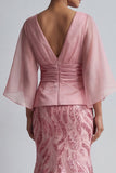 Robe sirène rose scintillante à col en V avec manches cape