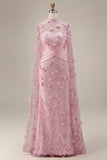 Robe de soirée 3D à motifs floraux à col illusion rose sirène avec manches cape