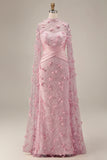 Robe fleurie sirène rose à col illusion avec manches cape
