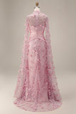 Robe fleurie sirène rose à col illusion avec manches cape