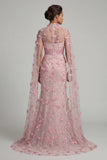 Robe fleurie sirène rose à col illusion avec manches cape