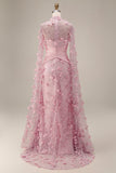 Robe de soirée 3D à motifs floraux à col illusion rose sirène avec manches cape
