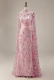 Robe de soirée 3D à motifs floraux à col illusion rose sirène avec manches cape