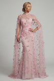 Robe de soirée 3D à motifs floraux à col illusion rose sirène avec manches cape