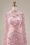 Robe de soirée 3D à motifs floraux à col illusion rose sirène avec manches cape