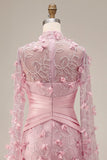 Robe de soirée 3D à motifs floraux à col illusion rose sirène avec manches cape