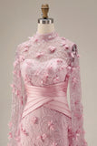 Robe de soirée 3D à motifs floraux à col illusion rose sirène avec manches cape