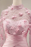 Robe de soirée 3D à motifs floraux à col illusion rose sirène avec manches cape