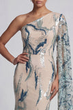 Robe sirène bleu clair bleu clair scintillante avec cape latérale