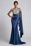 Robe de la mère de la mariée sirène marine à une épaule avec manches cape