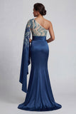 Robe de la mère de la mariée sirène marine à une épaule avec manches cape