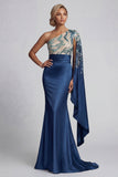 Robe de la mère de la mariée sirène marine à une épaule avec manches cape