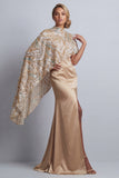 Robe de la mère de la mariée en satin sirène champagne avec cape détachable