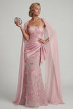 Robe sirène rose sans bretelles florale de la mère de la mariée avec cape détachable
