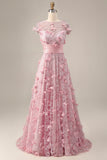 Robe de mère de mariée rose à manches courtes A Line avec des fleurs 3D