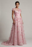Robe de mère de mariée rose à manches courtes A Line avec des fleurs 3D