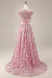 Robe de mère de mariée rose à manches courtes A Line avec des fleurs 3D