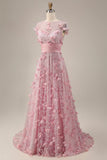 Robe de bal longue rose à manches courtes à manches courtes perlées avec des fleurs 3D