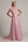 Robe de mère de mariée rose à manches courtes A Line avec des fleurs 3D