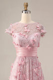 Robe de bal longue rose à manches courtes à manches courtes perlées avec des fleurs 3D