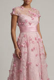 Robe de mère de mariée rose à manches courtes A Line avec des fleurs 3D