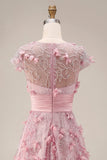 Robe de bal longue rose à manches courtes à manches courtes perlées avec des fleurs 3D